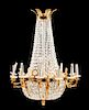 An Empire Style Gilt and Patinated Bronze Twelve-Light Chandelier Height 46 x diameter 35 inches.