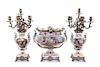 A French Silver Mounted Sevres Style Porcelain Garniture Height of tallest 16 1/2 inches.