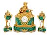 A French Gilt Bronze and Malachite Clock Garniture Height of mantel clock 20 inches.