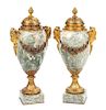 A Pair of French Gilt Bronze Mounted Marble Covered Urns Height 19 inches.