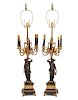 A Pair of French Gilt and Patinated Bronze Candelabra Mounted as Lamps Height of lamp fittings overall 42 inches; height of bron
