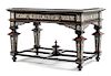 An Italian Inlaid and Tortoise Shell Mounted Ebonized Table Height 33 x width 51 1/2 x depth 32 inches.