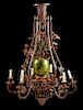 A Continental Polychromed Wrought Iron and Tole Six-Light Chandelier Height 44 x diameter 31 inches.