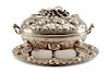 A Portuguese Silver-Plate Tureen on Stand, 20th Century, of oval form with repousse decoration fruit and foliate deocated lid, t