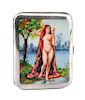An Enameled Silver Cigarette Case, Likely American, Early 20th Century, the lid enameled to show a partially draped nude holding