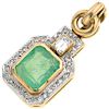An emerald and diamond 14K yellow gold pendant.