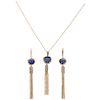 A 14K yellow gold necklace, and lapis lazuli, quartz and diamond pendant and pair of earrings set.