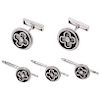 A diamond 14K white gold and steel three buttons and pair of cufflinks set.