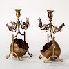 Pair of Whimsical Austrian Cold-painted Bronze and Brass Candlesticks