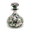 Green Perfume Bottle with Silver Overlay