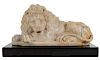 Carved Marble Lion Reclining on Black Marble Base
