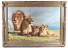 Original Lion Family Painting Signed By Biau