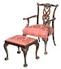 Chippendale Style Carved Arm Chair, Footstool