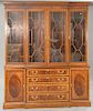 Hickory mahogany inlaid breakfront with glass shelves, two part. ht. 85 1/2 in., wd. 71 in.