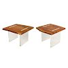 Pair Contemporary walnut & Lucite side tables