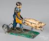 Painted tin pig farmer steam toy accessory