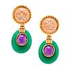 A Pair of 18 Karat Yellow Gold, Coral, Amethyst and Chalcedony Earclips, David Webb, 34.70 dwts.