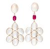 A Pair of Rose Gold, Moonstone and Ruby Pendant Earrings, 9.70 dwts.