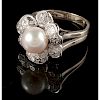 14k White Gold Cultured Pearl and Diamond Ring