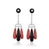 A Pair of Platinum Coral Onyx and Diamond Drop Earrings