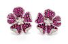 * A Pair of 18 Karat White Gold, Ruby and Diamond Flower Earclips, 10.60 dwts.