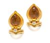 A Pair of Yellow Gold, Citrine, Mabe Pearl and Diamond Earclips, 21.00 dwts.