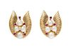 A Pair of 14 Karat Rose Gold, Cultured Pearl and Ruby Earclips, 10.10 dwts.