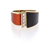 A 14 Karat Yellow Gold, Coral, Onyx and Diamond Ring, 5.10 dwts.