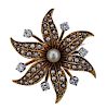 14k Gold Diamond Pearl Brooch Pin 