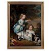 English School, Portrait of Young Girls Playing with their King Charles Spaniel