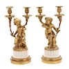 A Pair of Louis XV Style Gilt Bronze and Marble Two-Light Candelabra Height 16 3/4 x width 8 1/2 x depth 6 inches.