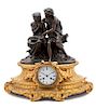 A French Gilt and Patinated Bronze Mantel Clock Height 19 1/2 x width 20 x depth 10 inches.