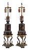 A Pair of French Gilt Bronze and Tole Fluid Lamps Height overall 27 x diameter 7 1/2 inches.
