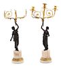 A Pair of Neoclassical Style Patinated and Gilt Bronze Three-Light Candelabra Height 19 1/2 x width 8 x depth 7 inches.
