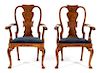 A Pair of George II Style Burl Walnut Open Armchairs Height 40 1/2 x width 27 1/4 x depth 20 inches.