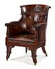 A Regency Mahogany Grecian Library Chair Height 40 1/2 x width 25 1/2 x depth 26 inches.
