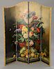 Four fold dressing screen with hand painted panels of flowers and fruit. ht. 70 in., wd. 116 ni.