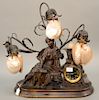 Tiffany figural Art Nouveau clock lamp having seated woman with harp and scrolling flower lights and shell shades, dial marked Tiffa...