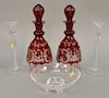 Five piece glass group to include a pair of unsigned air twist glass candlesticks (ht. 10 in.), Steuben crystal bowl, and a pair of ...