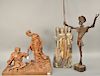 Three piece lot to include hand carved carved wood figure of Don Quixote (ht. 34 in.), a double figure of a woman in a dress giving ...