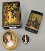 Four boxes including Russian enameled tin painted cigarette box with painted interior scene having soldier, painted paper mache box signed illegibly, 