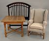 Group lot to include a wing chair, oak table, hanging light, headboard, and three framed pieces, ht. 29 in., top: 36'' x 30''