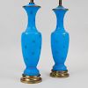 Pair of French Gilt-Decorated Blue Opaline Glass Vases, Mounted as Lamps
