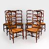 Set of Eight French Provincial Walnut Ladderback Dining Chairs with Rush Seats