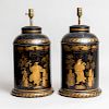 Pair of Chinoiserie Tôle Peinte Tea Canisters, Mounted as Lamps