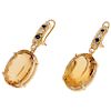 A citrine, sapphire and diamond 14K yellow gold pair of earrings.