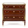 A Louis XVI Style Gilt Bronze Mounted Mahogany Chest of Drawers Height 35 1/2 x width 36 1/2 x depth 18 1/4 inches.