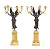 A Pair of Empire Gilt and Patinated Bronze Four-Light Candelabra Height 24 1/2 inches.
