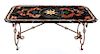 A Pietra Dura Table Top with a Wrought Iron Base Height 30 x width 70 inches.