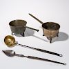 Two Bronze Skillets and a Hearth Spoon and Ladle